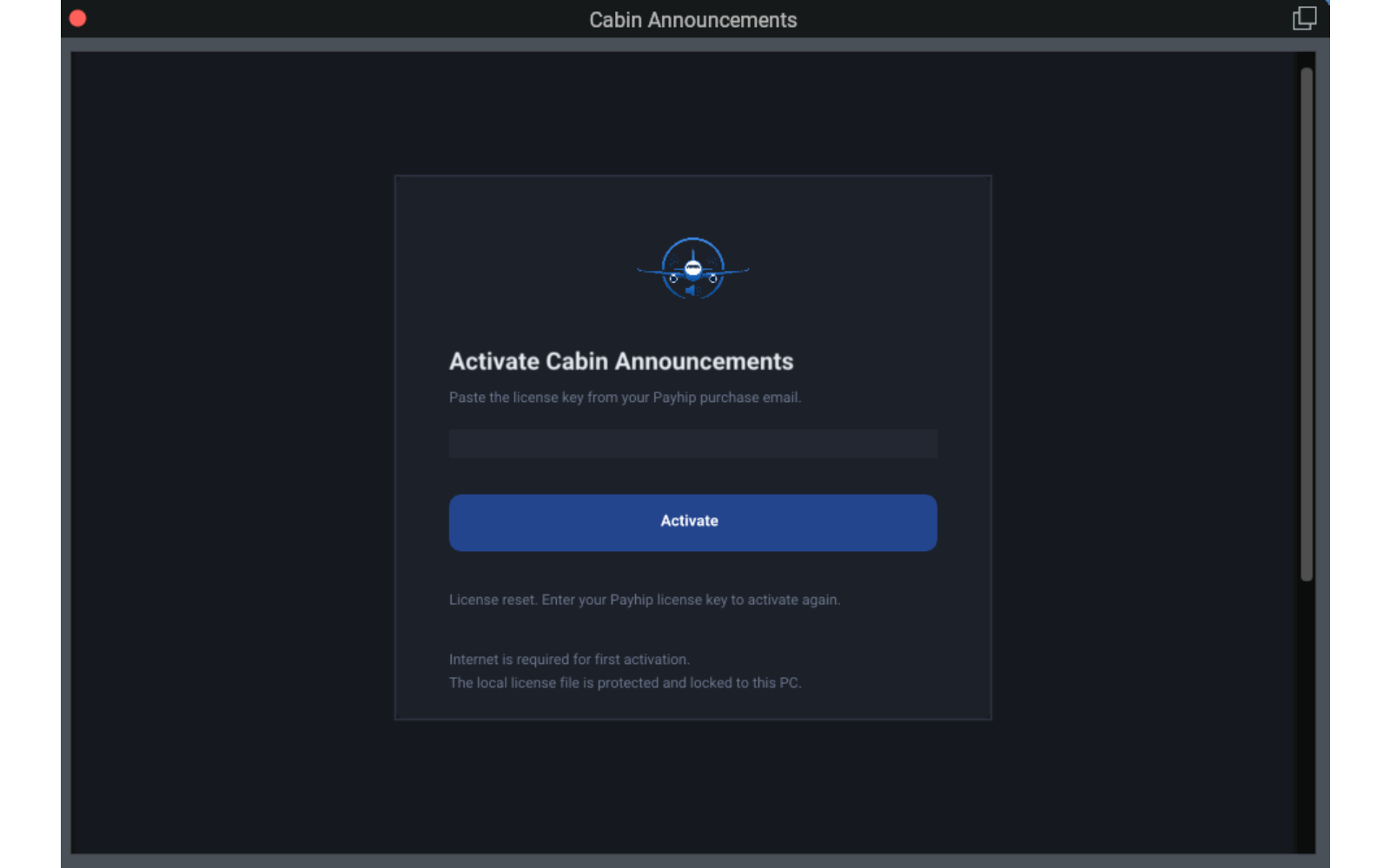 Cabin Announcements activation window screenshot