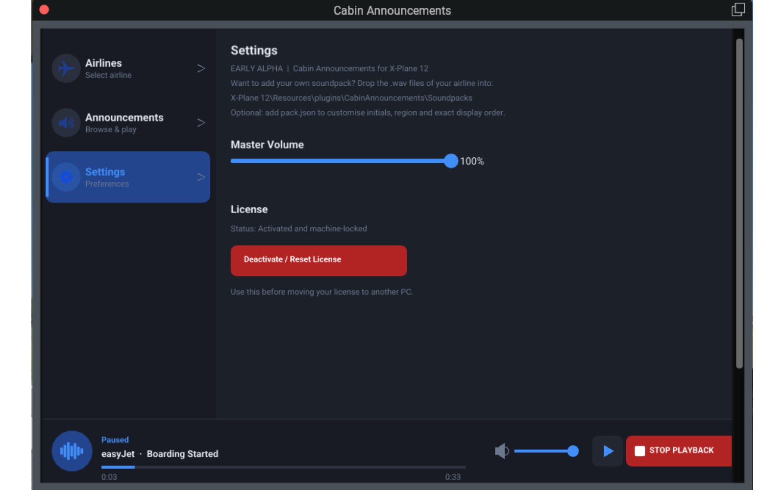 Cabin Announcements settings screenshot